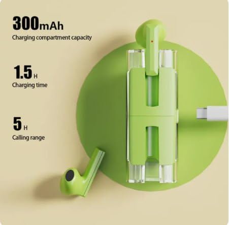 Wireless Bluetooth Earphones with Charging Case, 300mAh Battery, 5H Range, Green