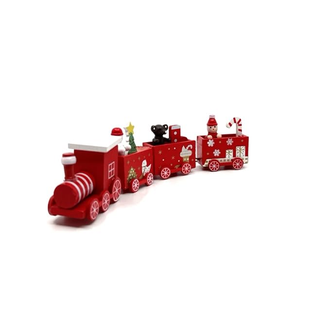 Wooden Christmas Train Decoration Set, Holiday Locomotive with Festive Characters, Red and White, 5-Car Design with Snowflakes and Christmas Tree Ornaments