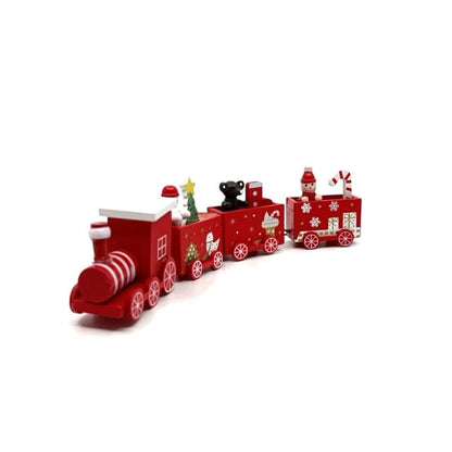 Wooden Christmas Train Decoration Set, Holiday Locomotive with Festive Characters, Red and White, 5-Car Design with Snowflakes and Christmas Tree Ornaments
