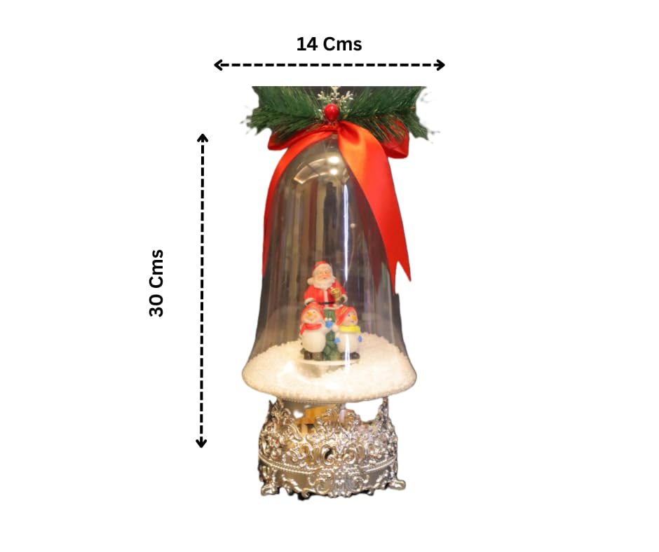 Christmas Musical Snow Globe with Santa and Snowman Scene, Glass Bell Dome with Silver Base, 30 x 14 cm, Holiday Decoration with Pine Sprig and Red Bow