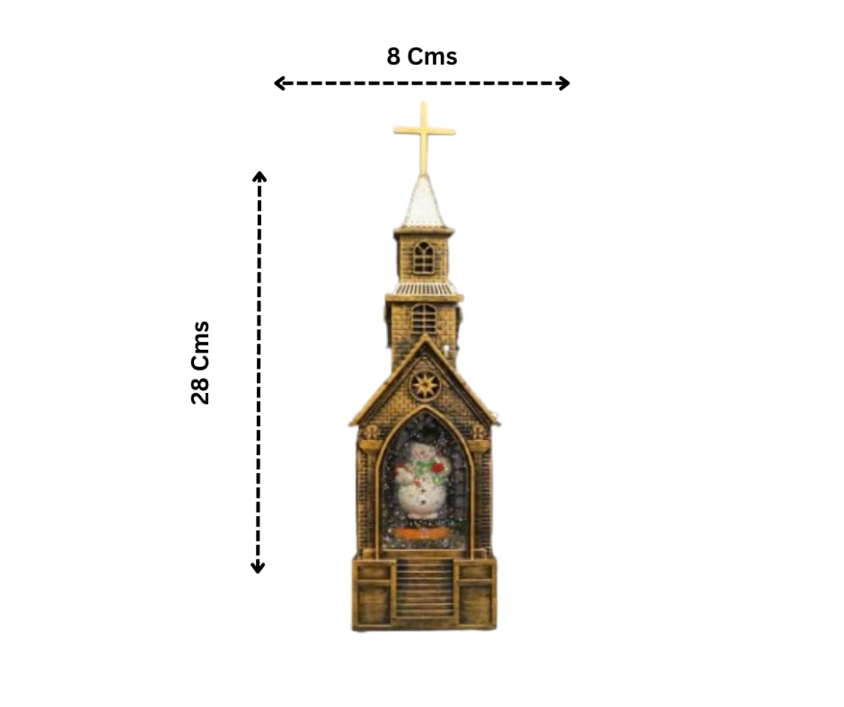 Christmas Church Snow Globe Lantern, Gothic Cathedral Design with Snowman Display, Bronze Finish, 28 x 8 cm, Religious Holiday Decor