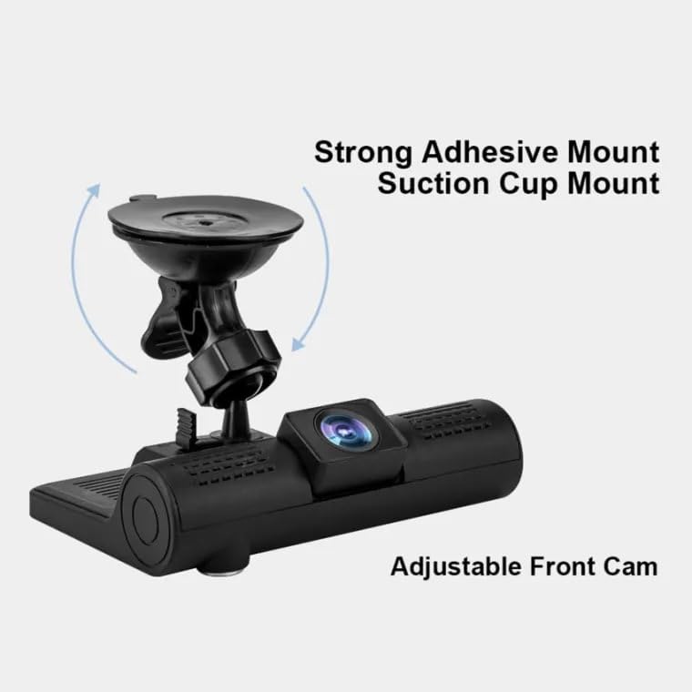 3-Lens Dash Cam with 4-inch Display, Front and Rear Camera, Suction Cup Mount, HD Video Recording