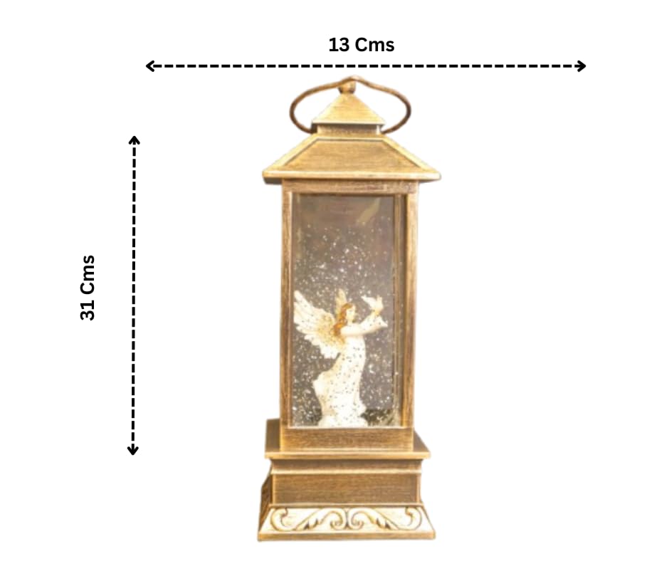 Christmas Musical Snow Globe Lantern, LED Angel Design, Gold Antique Finish, 31x13 cm, Battery/USB Powered, Water Globe with Falling Snow Effect and Music Box