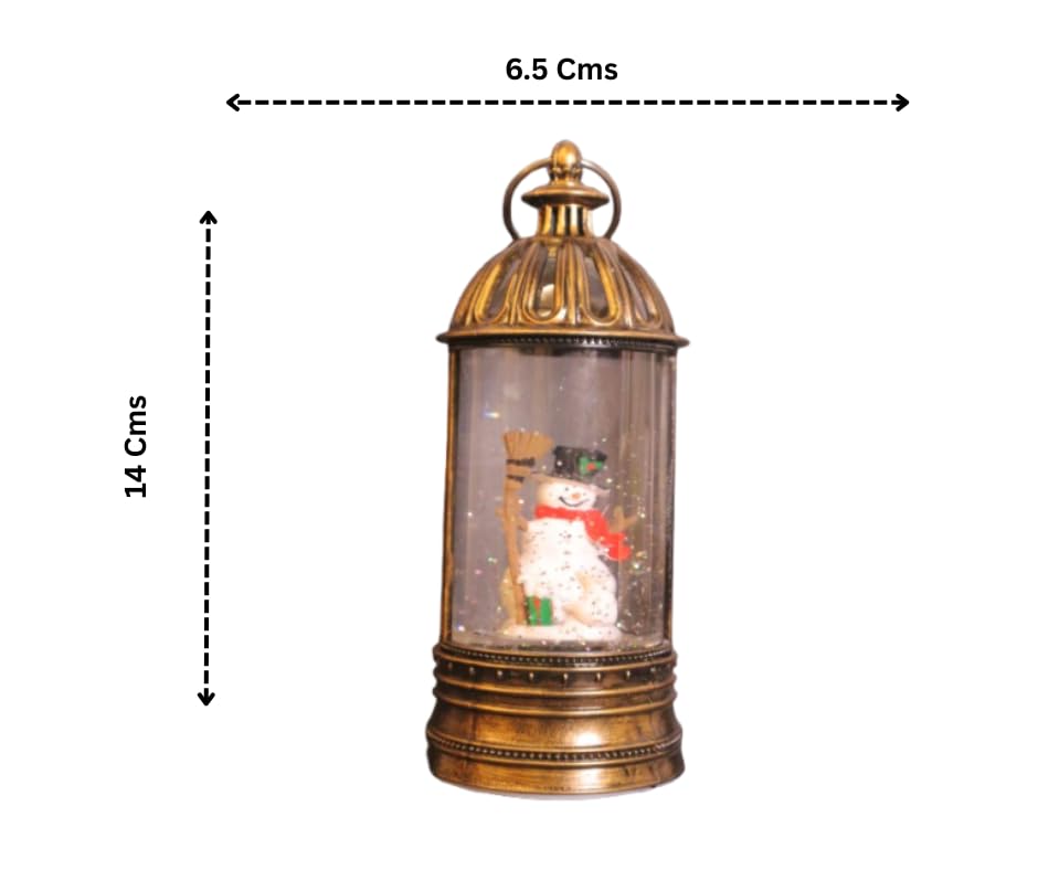 Christmas Snow Globe Lantern with Timer, Antique Bronze Finish, LED Light, Snowman Figure, 27 cm Height, Swirling Glitter, Holiday Decoration