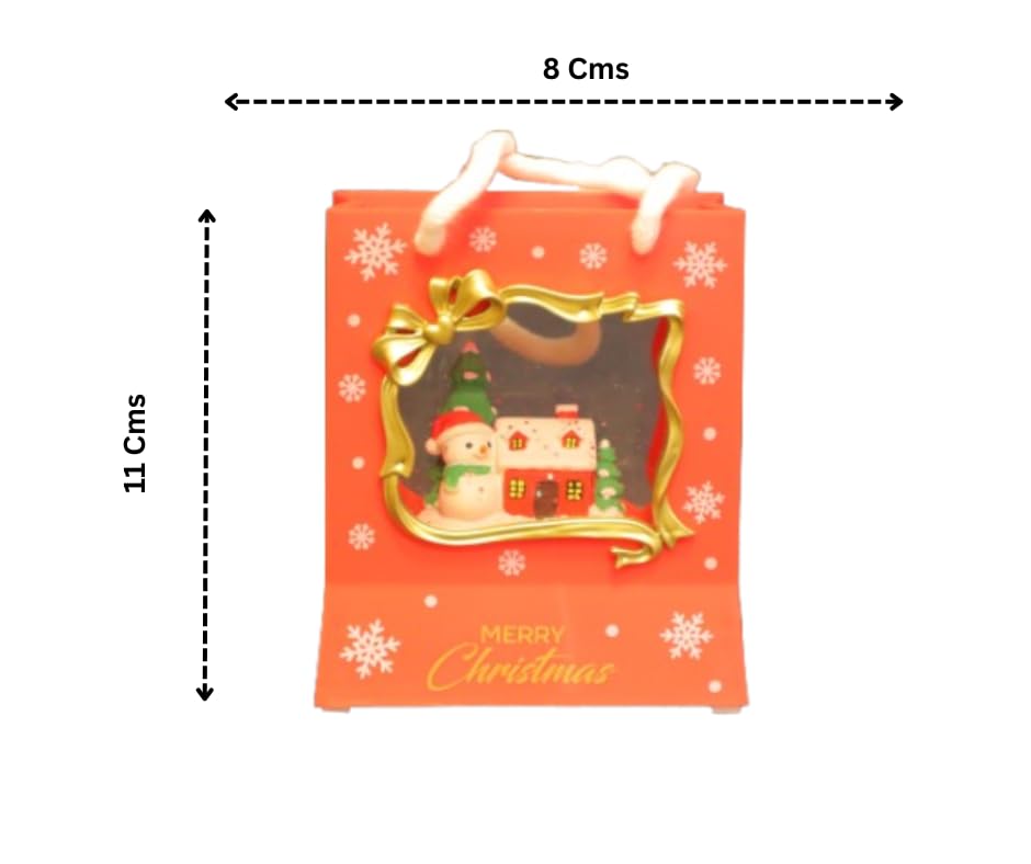 Christmas Gift Bag with 3D Snow Globe Scene, Red Paper, 11x8 cm, Decorative Holiday Design, Snowman and House Theme, Gold Frame Window