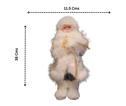 Decorative White Plush Santa Claus Christmas Figure, Standing Display Doll with Staff, 38 cm x 11.5 cm, Holiday Home Decor