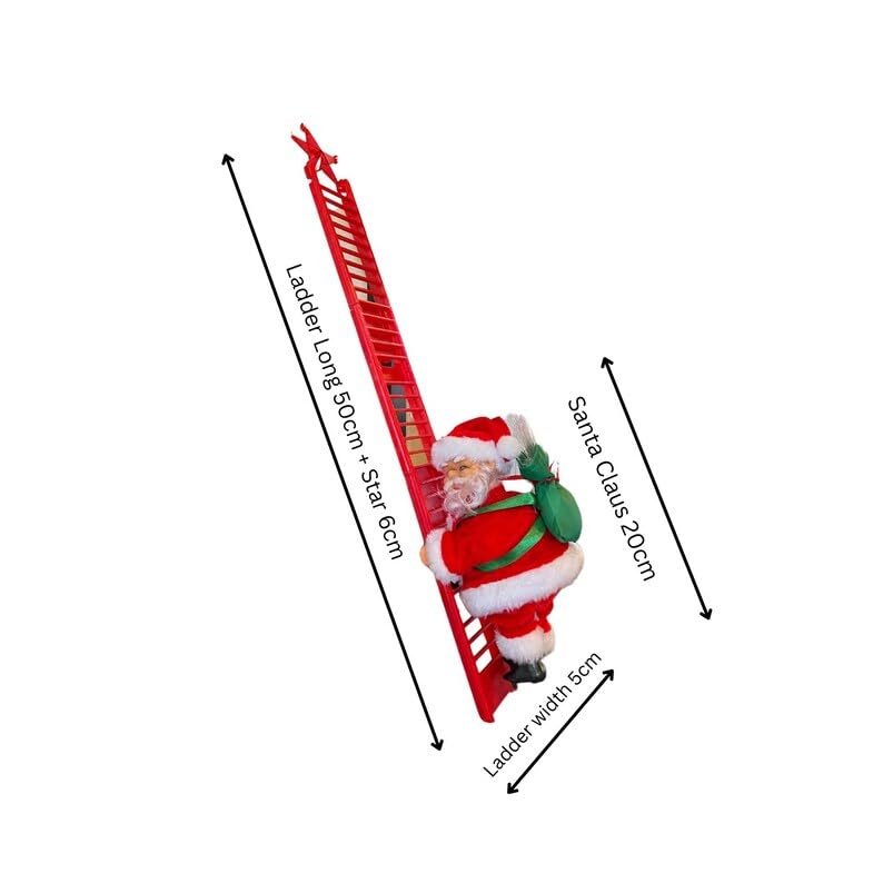 Electric Climbing Santa Claus on Ladder, Musical Christmas Decoration with Up and Down Movement, Battery Operated Holiday Figure with Gift Bag, 40cm Height