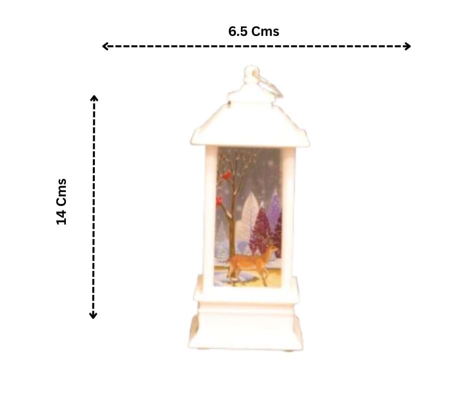 Christmas Decor Co. LED Christmas Lantern, White Metal Winter Scene with Reindeer, 14 x 6.5 cm, Battery Operated Holiday Decoration, Musical Snow Globe Style, Indoor Home Decor with Santa Design