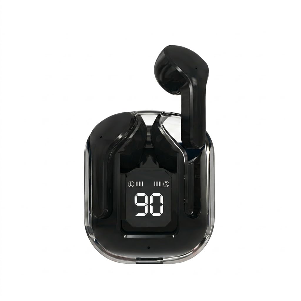 Wireless Bluetooth Earbuds with LED Display, Transparent Design, HiFi Stereo Sound, Low Latency, Charging Case, Black