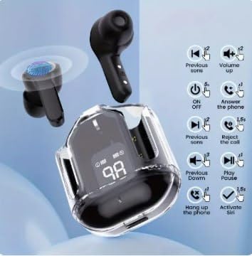 Wireless Bluetooth Earbuds with LED Display, Transparent Design, HiFi Stereo Sound, Low Latency, Charging Case, Black