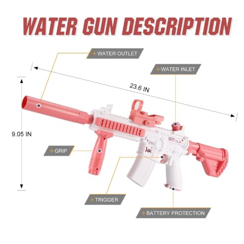 Electric Water Gun Blaster, Pink and White, 23.6 Inch, 32 Feet Range, Rechargeable Battery, ABS Plastic, with Accessories
