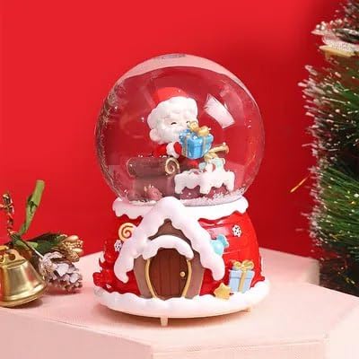 Christmas Snow Globe with Santa Claus and Winter House, Musical Holiday Decoration, Red and White, 12 cm x 8.5 cm