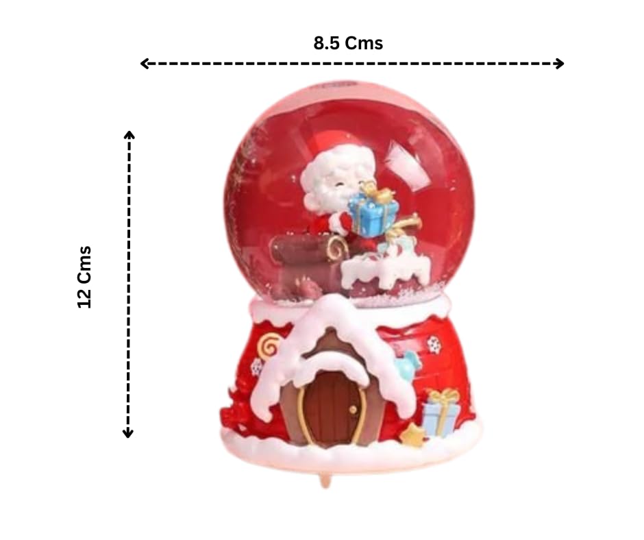 Christmas Snow Globe with Santa Claus and Winter House, Musical Holiday Decoration, Red and White, 12 cm x 8.5 cm
