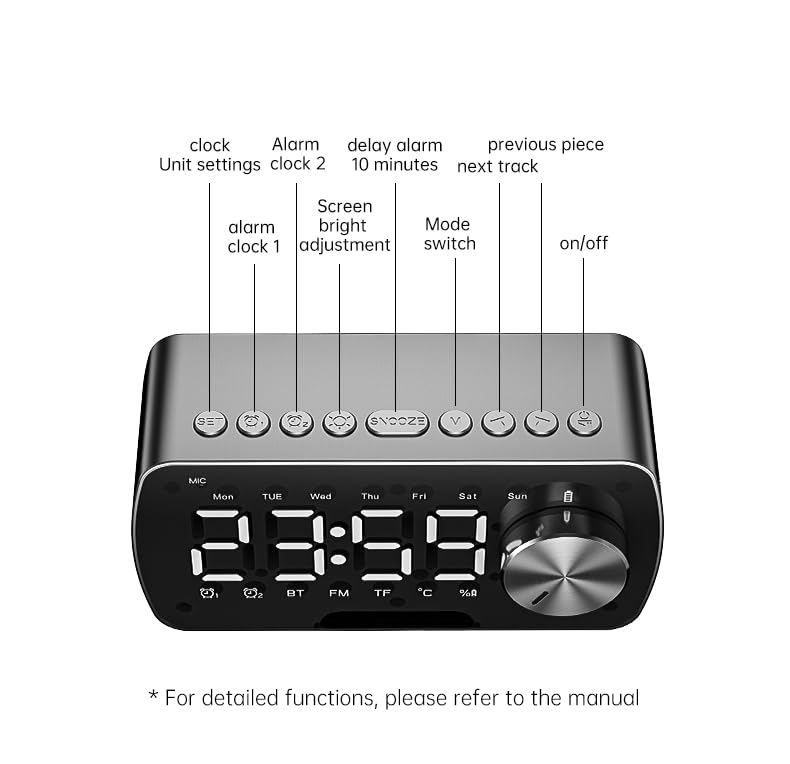 Bluetooth Speaker with Digital Alarm Clock, LED Display, FM Radio, Dual Alarm, Temperature Display, Hands-Free Calling, TF Card Support, AUX Input, Rotary Volume Control, Black