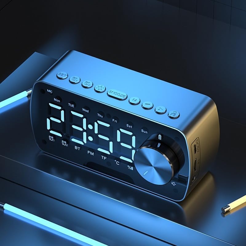 Bluetooth Speaker with Digital Alarm Clock, LED Display, FM Radio, Dual Alarm, Temperature Display, Hands-Free Calling, TF Card Support, AUX Input, Rotary Volume Control, Black