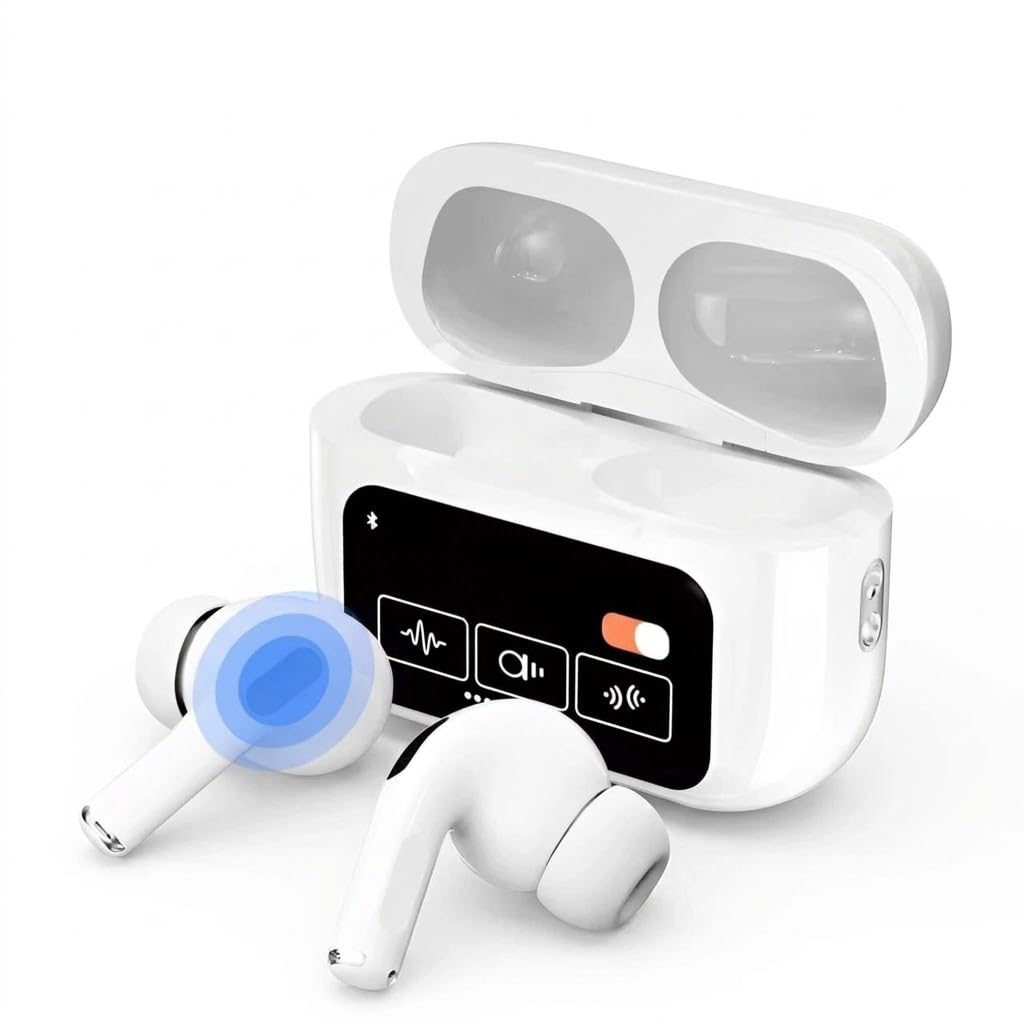 Smart Wireless Bluetooth Earbuds with ANC and ENC Noise Reduction, Touch Control, LED Display Charging Case, White