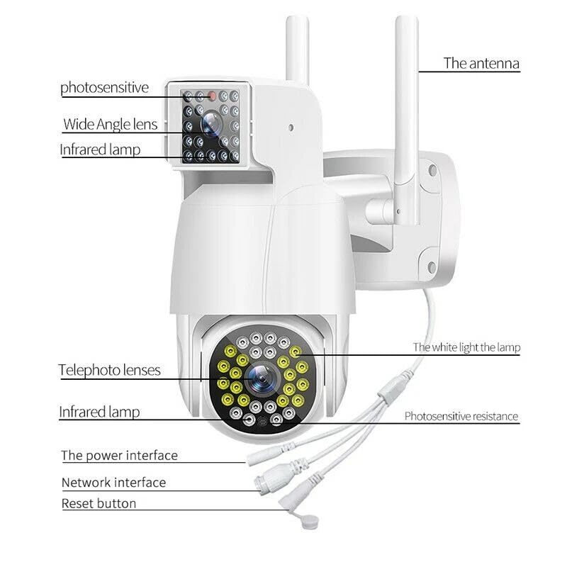 Dual Lens PTZ Security Camera with 10x Zoom, 360° Panoramic View, Full Color Night Vision, Two-Way Audio, Motion Detection, WiFi Outdoor Surveillance Camera