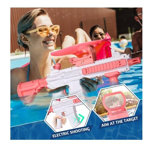 Electric Water Gun Blaster, Pink and White, 23.6 Inch, 32 Feet Range, Rechargeable Battery, ABS Plastic, with Accessories