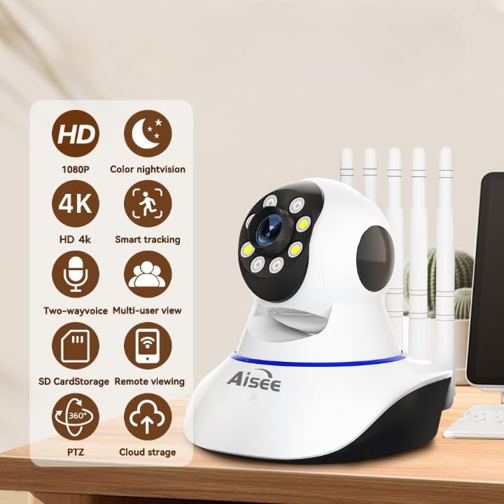 4K WiFi Security Camera, Smart Home Indoor Surveillance System with Night Vision, Motion Detection, Two-Way Audio, Cloud Storage, Remote Viewing, PTZ Control