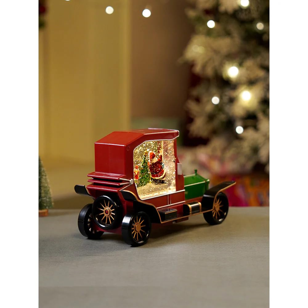 Christmas Vintage Car Snow Globe Music Box, Red and Green Illuminated Santa Decoration with LED Lights, Glitter Snow Effect, USB or Battery Powered, 26 x 12.5 x 16cm