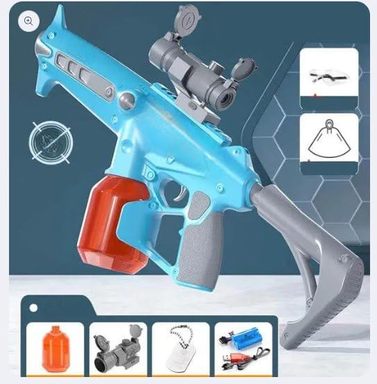 Electric Water Blaster Gun with Scope, Blue and Orange, 500ml Capacity, 10 Meter Range, Semi and Fully Automatic Modes, Rifle Style with Picatinny Rail