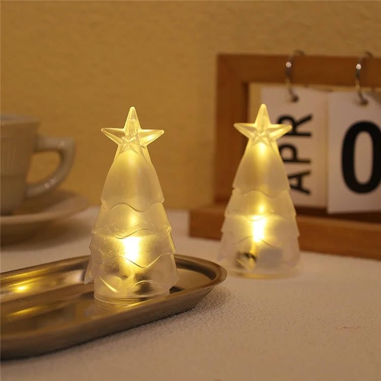 LED Christmas Tree Night Light, Frosted Glass, 9.5cm Height, Battery Operated, Star Topper, Warm White Illuminated, Holiday Table Decoration