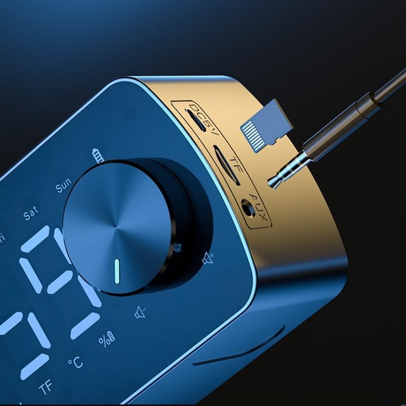 Bluetooth Speaker with Digital Alarm Clock, LED Display, FM Radio, Dual Alarm, Temperature Display, Hands-Free Calling, TF Card Support, AUX Input, Rotary Volume Control, Black