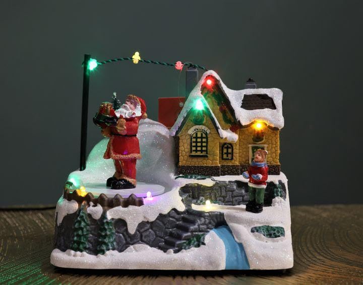 Christmas Village LED House Decoration, Snow-Covered Winter Scene with Christmas Tree, Resin Craft Holiday Display with String Lights