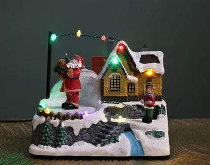 Christmas Village LED House Decoration, Snow-Covered Winter Scene with Christmas Tree, Resin Craft Holiday Display with String Lights