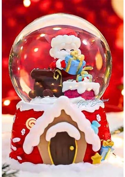 Christmas Snow Globe with Santa Claus and Winter House, Musical Holiday Decoration, Red and White, 12 cm x 8.5 cm