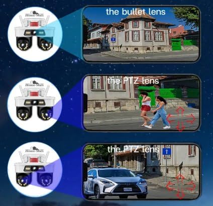 Home-Mall Dual-Lens Security Camera, PTZ Outdoor Indoor CCTV, LED Night Vision, White
