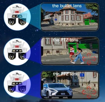 Home-Mall Dual-Lens Security Camera, PTZ Outdoor Indoor CCTV, LED Night Vision, White