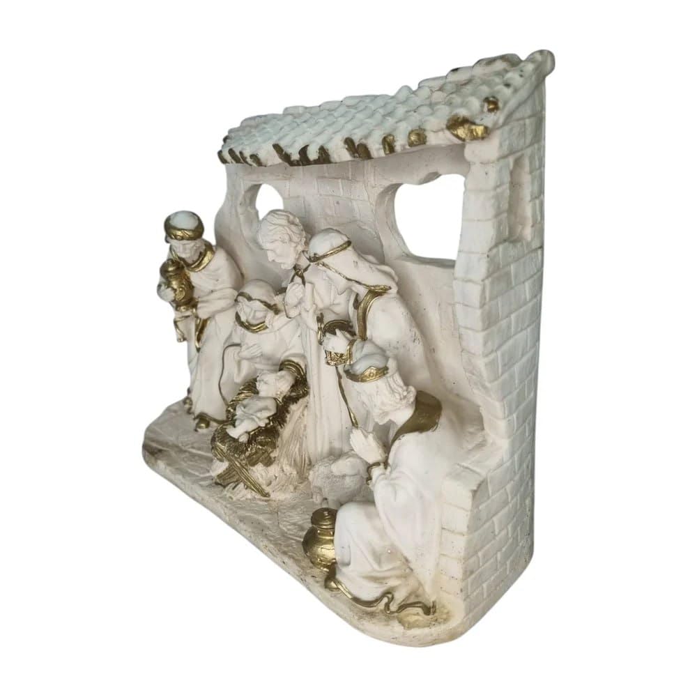 LED Illuminated Nativity Scene Set, White Porcelain Christmas Decoration, Religious Holiday Display with Gold Accents, 8.5 x 9.5 Inch
