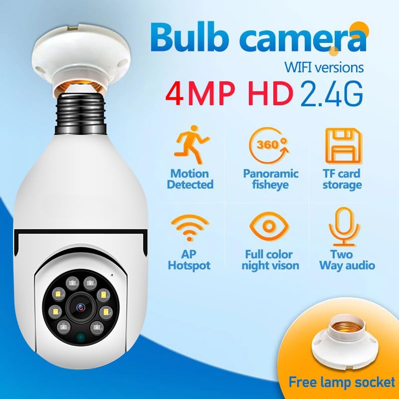 Smart Bulb WiFi Security Camera, 4MP HD 2.4G, 360° Panoramic Fisheye, Motion Detection, Night Vision, Two-Way Audio, Pan & Tilt, TF Card Storage, with Free Lamp Socket