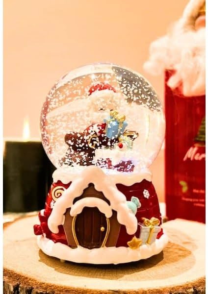 Christmas Snow Globe with Santa Claus and Winter House, Musical Holiday Decoration, Red and White, 12 cm x 8.5 cm