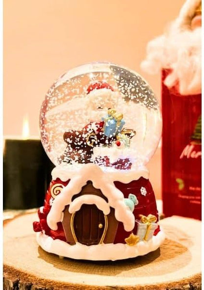 Christmas Snow Globe with Santa Claus and Winter House, Musical Holiday Decoration, Red and White, 12 cm x 8.5 cm