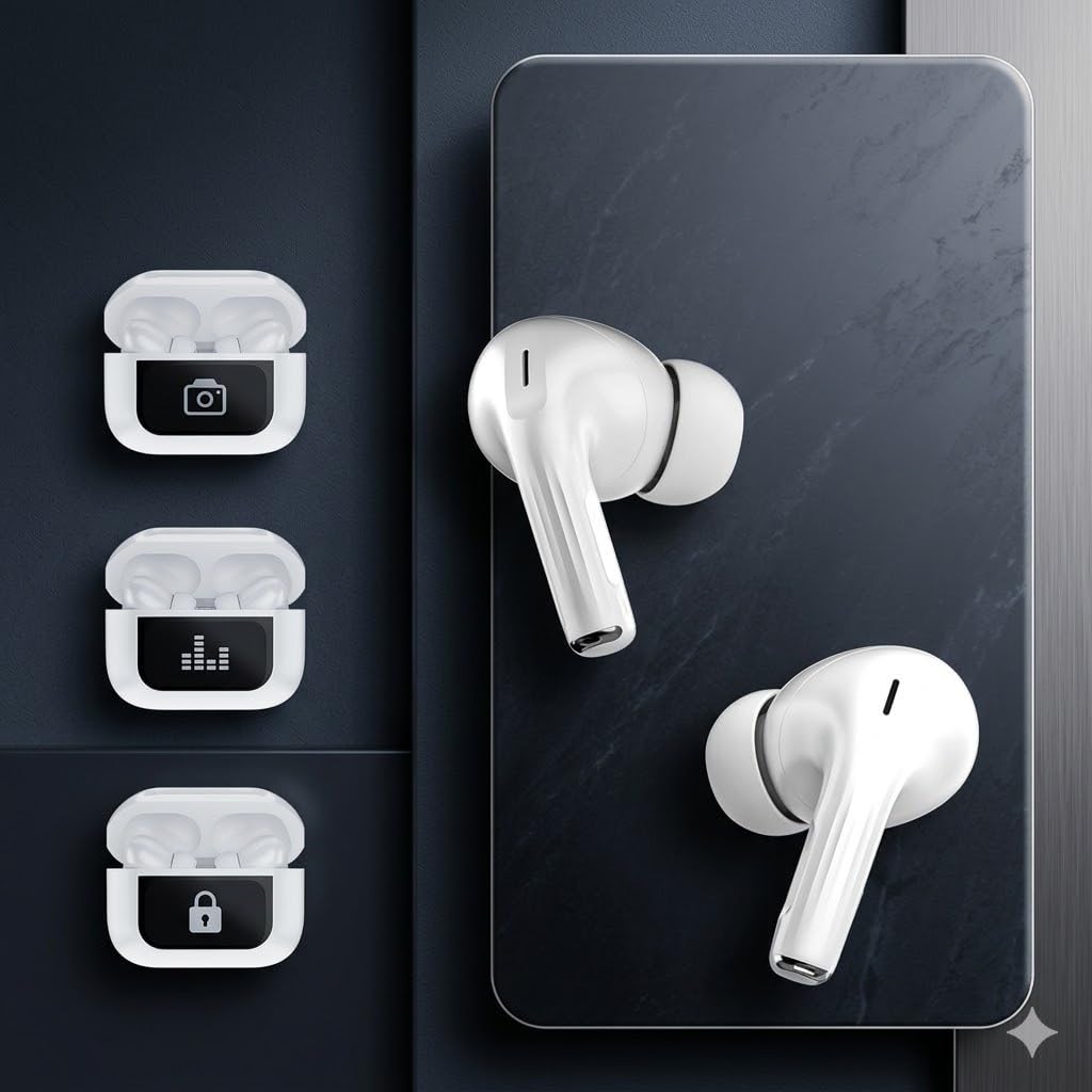 Smart Wireless Bluetooth Earbuds with ANC and ENC Noise Reduction, Touch Control, LED Display Charging Case, White