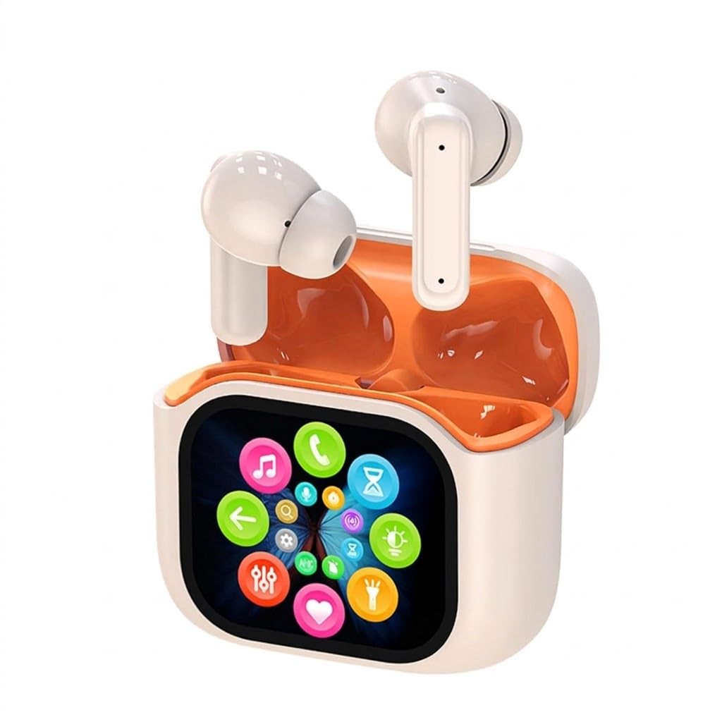 True Wireless Earbuds with Smart Touchscreen Charging Case, Bluetooth 5.4, HiFi Stereo Sound, Dual Mic Noise Reduction (Beige)