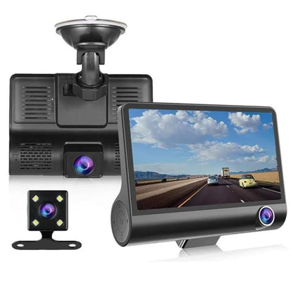 3-Lens Dash Cam with 4-inch Display, Front and Rear Camera, Suction Cup Mount, HD Video Recording
