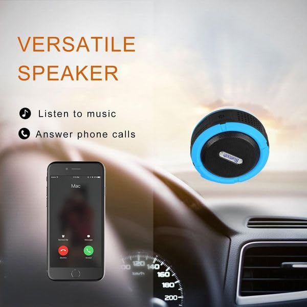 Portable Waterproof Bluetooth Speaker with Suction Cup, Blue, Wireless Outdoor Shower Speaker with Carabiner, 31-Foot Range