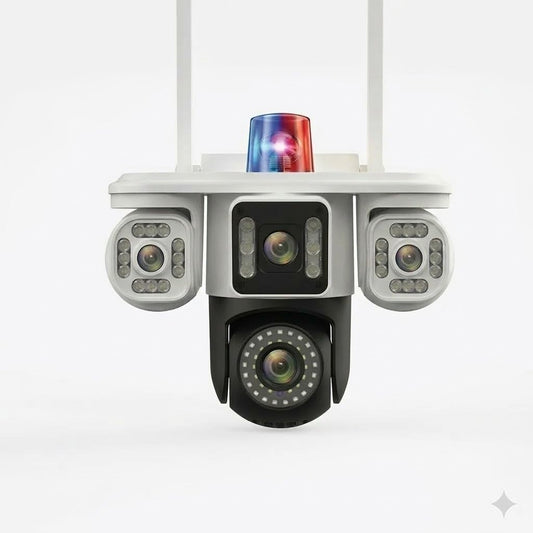 HD WiFi Security Camera with Siren Light, PTZ Pan Tilt Zoom, 4 Camera System, F2.0 Aperture, Night Vision, Motion Detection, Cloud Storage, MicroSD Card Support up to 128GB, iOS Android Compatible