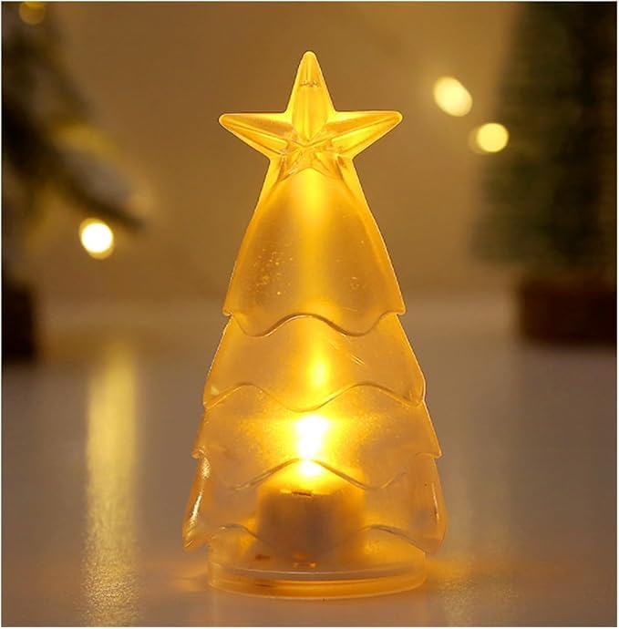 LED Christmas Tree Night Light, Frosted Glass, 9.5cm Height, Battery Operated, Star Topper, Warm White Illuminated, Holiday Table Decoration
