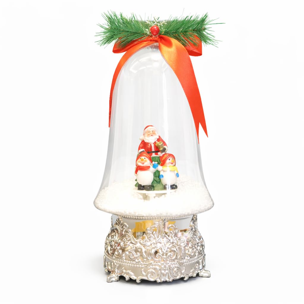 Christmas Musical Snow Globe with Santa and Snowman Scene, Glass Bell Dome with Silver Base, 30 x 14 cm, Holiday Decoration with Pine Sprig and Red Bow
