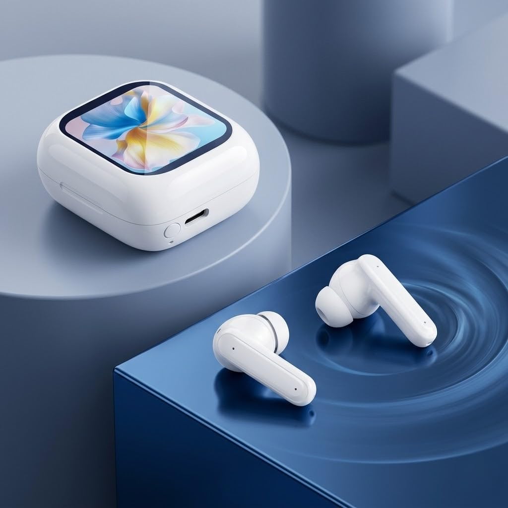 True Wireless Earbuds with Smart Touchscreen Charging Case, Bluetooth 5.4, HiFi Stereo Sound, Dual Mic Noise Reduction (Beige)