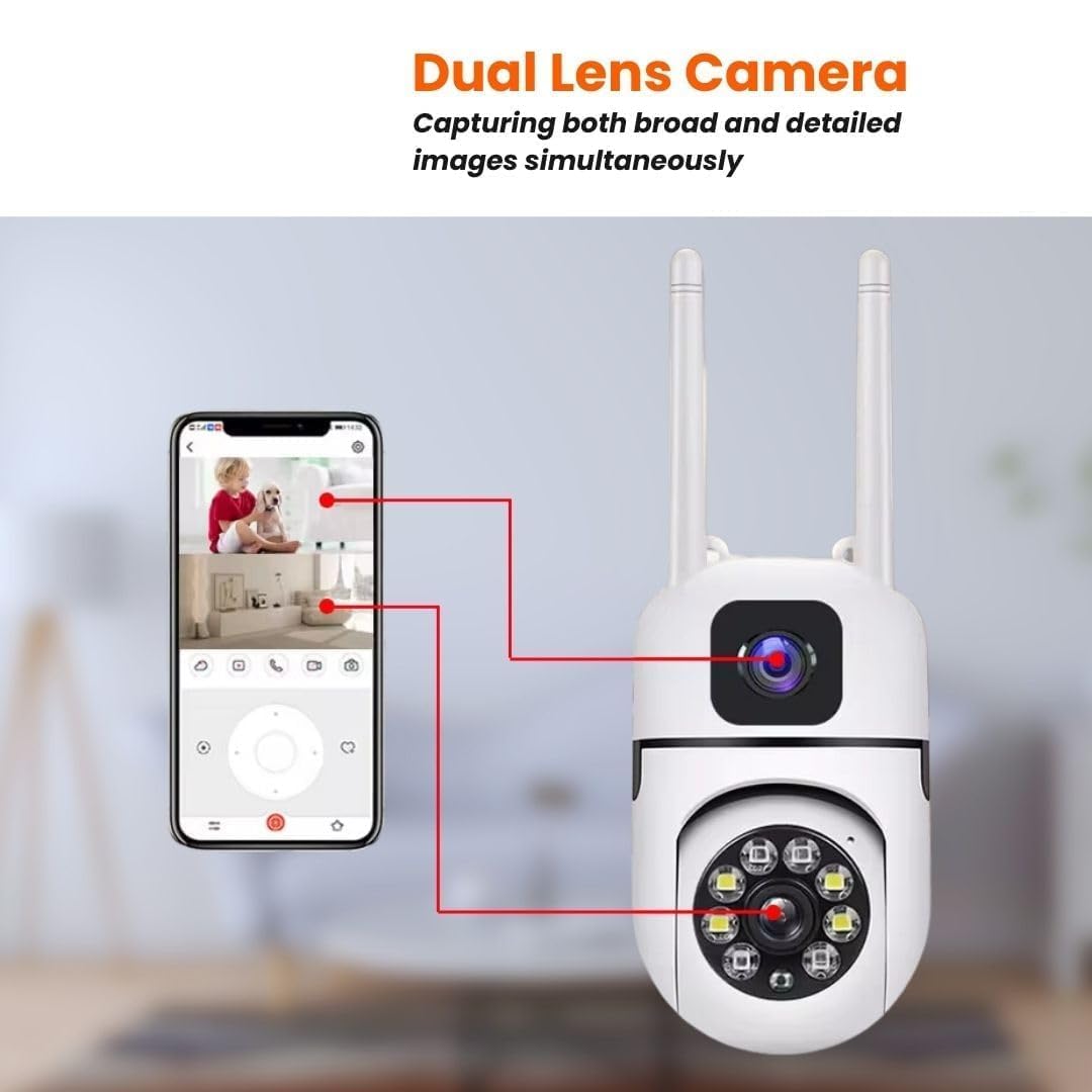 Smart Security Dual Lens WiFi Camera, 5+5MP FHD PTZ Indoor CCTV with Cloud Storage, Humanoid Tracking, Double Screen Preview, Remote Control for Home Monitoring, 128GB Storage