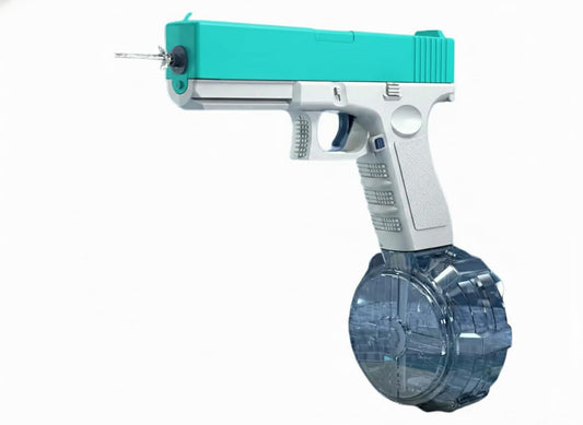 Electric Water Blaster Gun, Rechargeable Battery Powered, Automatic Continuous Spray, High Capacity Water Gun with Drum Magazine, Teal and White