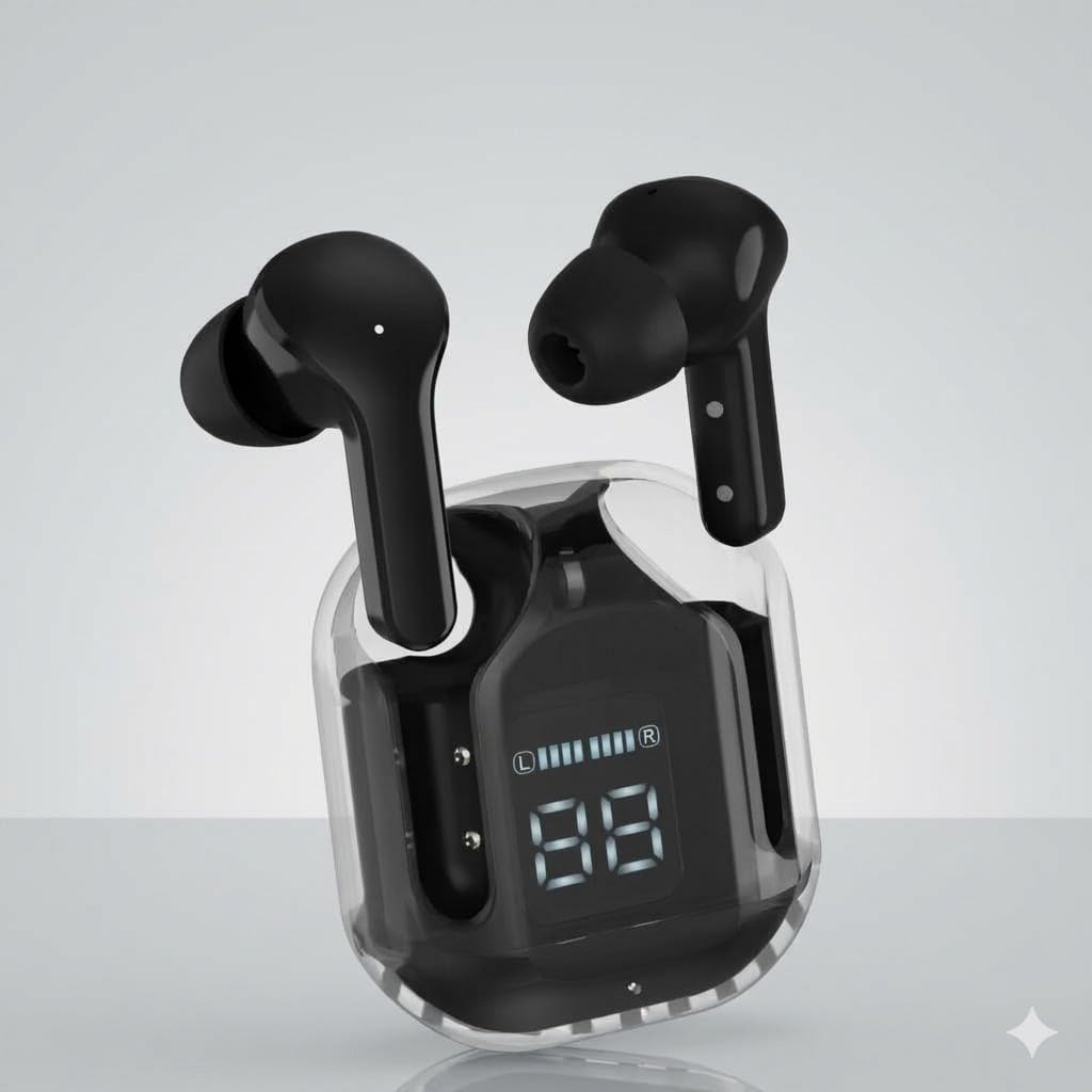 Wireless Bluetooth Earbuds with LED Display, Transparent Design, HiFi Stereo Sound, Low Latency, Charging Case, Black