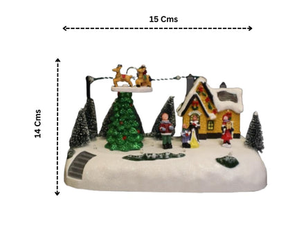 Christmas Village LED Musical Scene, 15 x 14 cm Illuminated Winter Display with Rotating Reindeer, Snow-Covered House, Christmas Trees, Holiday Figurines