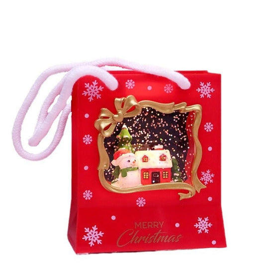 Christmas Gift Bag with 3D Snow Globe Scene, Red Paper, 11x8 cm, Decorative Holiday Design, Snowman and House Theme, Gold Frame Window