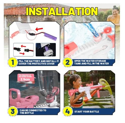 Electric Water Gun Blaster, Pink and White, 23.6 Inch, 32 Feet Range, Rechargeable Battery, ABS Plastic, with Accessories